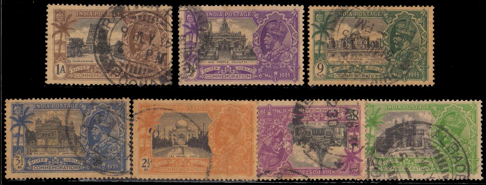 INDIA 1935-Silver Jubilee of King George, Gateway of India, Victoria Memorial, Jain Temple, Taj Mahal, Golden Temple, Set of 7 Stamps, Used, As Per Scan
