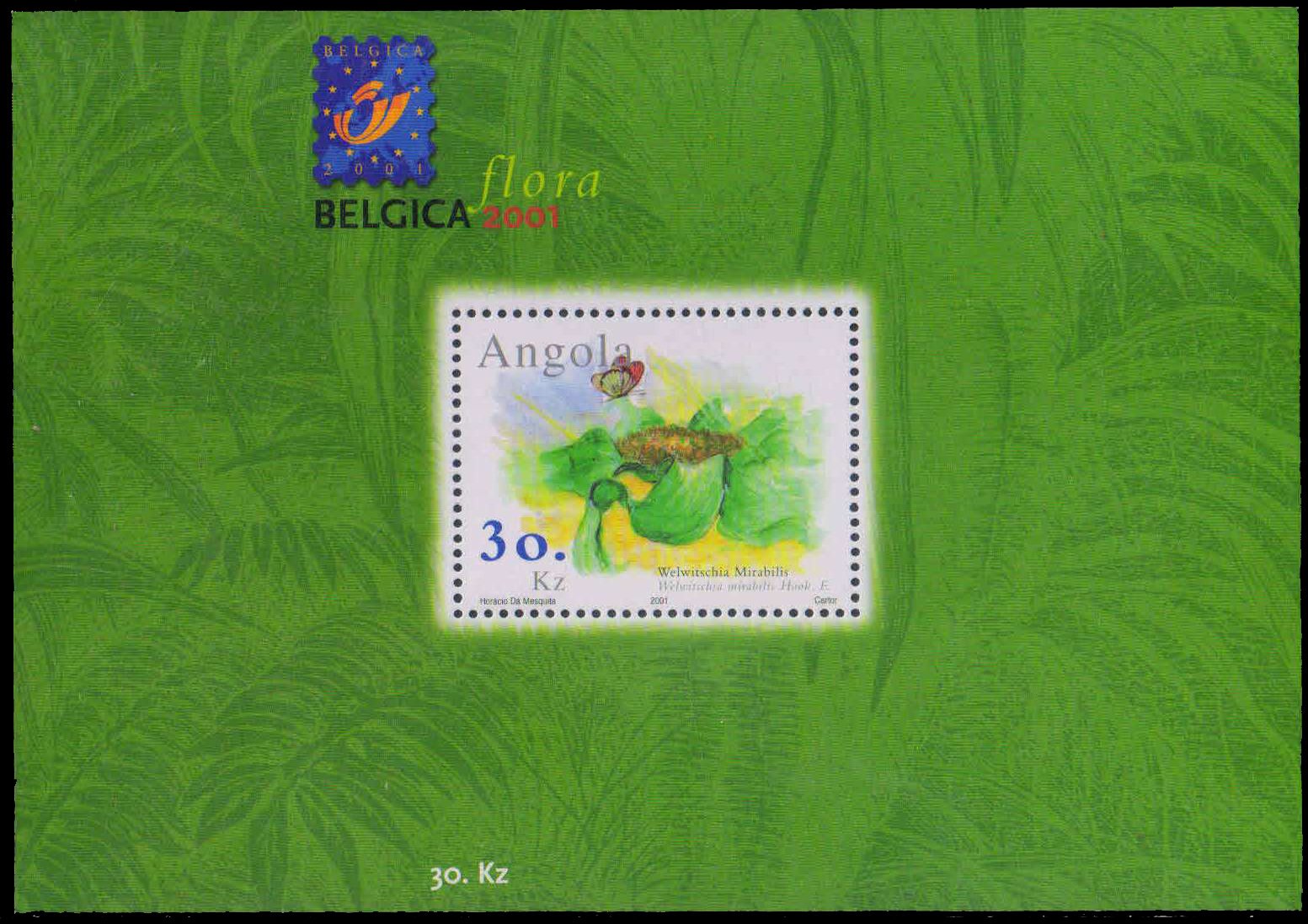 ANGOLA 2001-Flowers, Insect, Butterfly, Belgica International Stamp Exhibition, MS, MNH, S.G. MS 1618-Cat £ 10.50