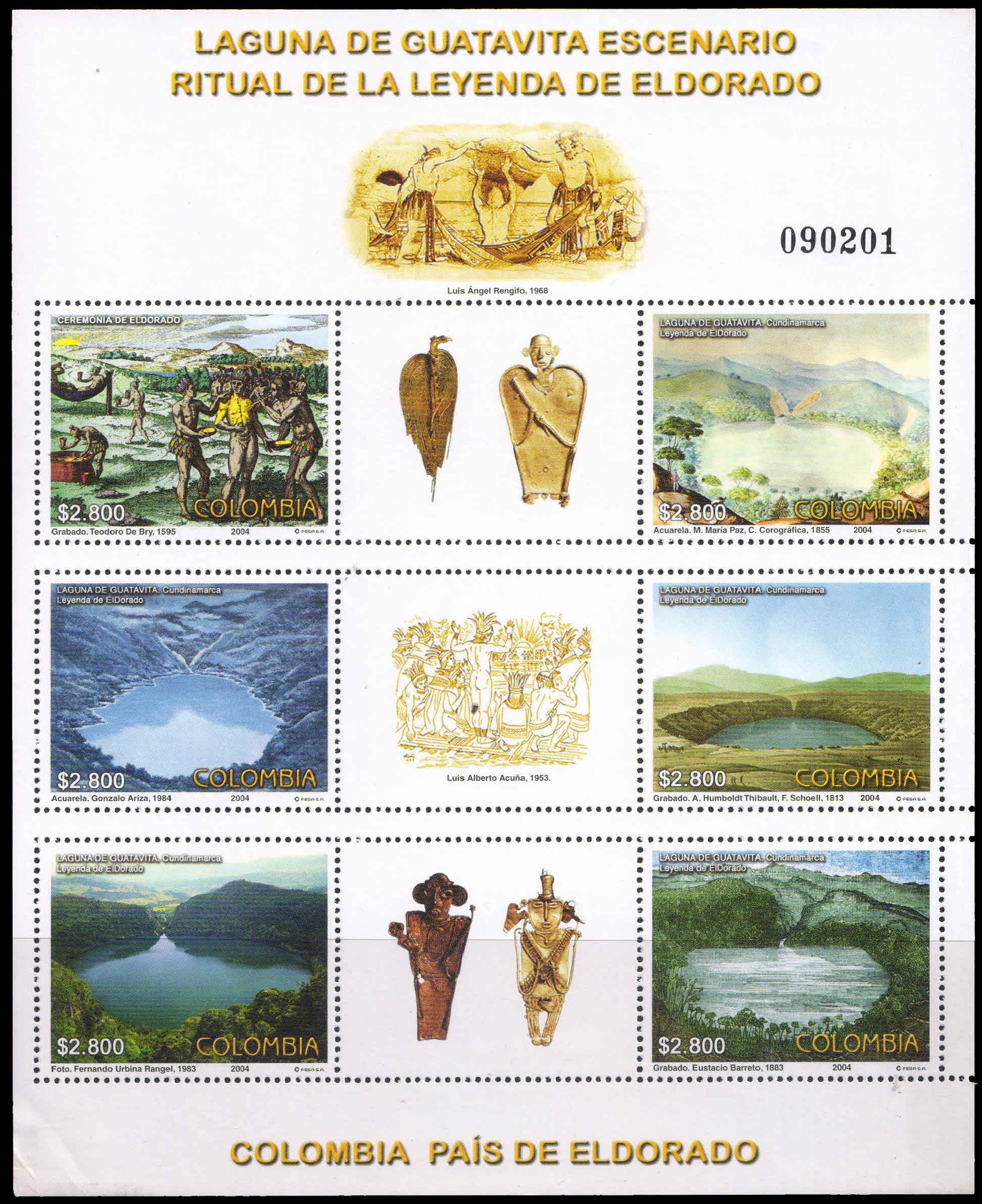COLOMBIA 2004-Laguna de Guatevita-Site of Legend of EL Dorado, Cult of the Muisca Indians, Sheet of 6 stamps & Labels, S.G. 2338-2343-Cat £ 32-