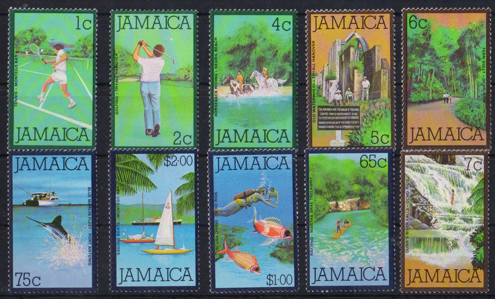 JAMAICA 1979-Pictorial Thematic Stamps-Tennis, Golf, River Falls, Diving & Sailing Boats, Set of 10, MNH, S.G. 461-476-Cat £ 17-