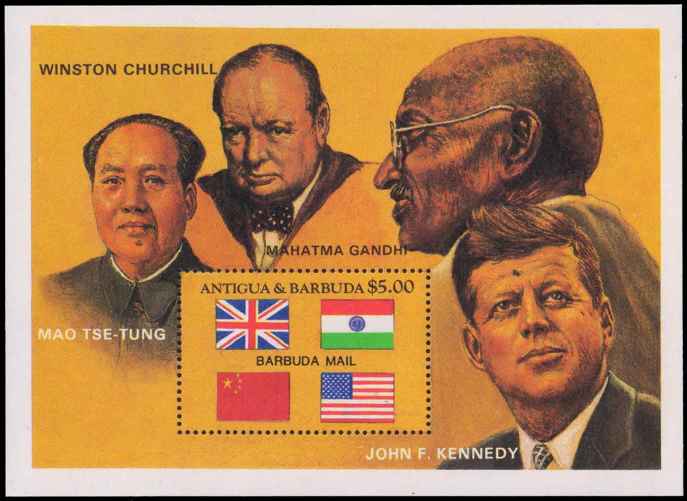 ANTIGUA & BARBUDA-Mahatma Gandhi, Churchill, Kennedy, Flags-Miniature Sheet