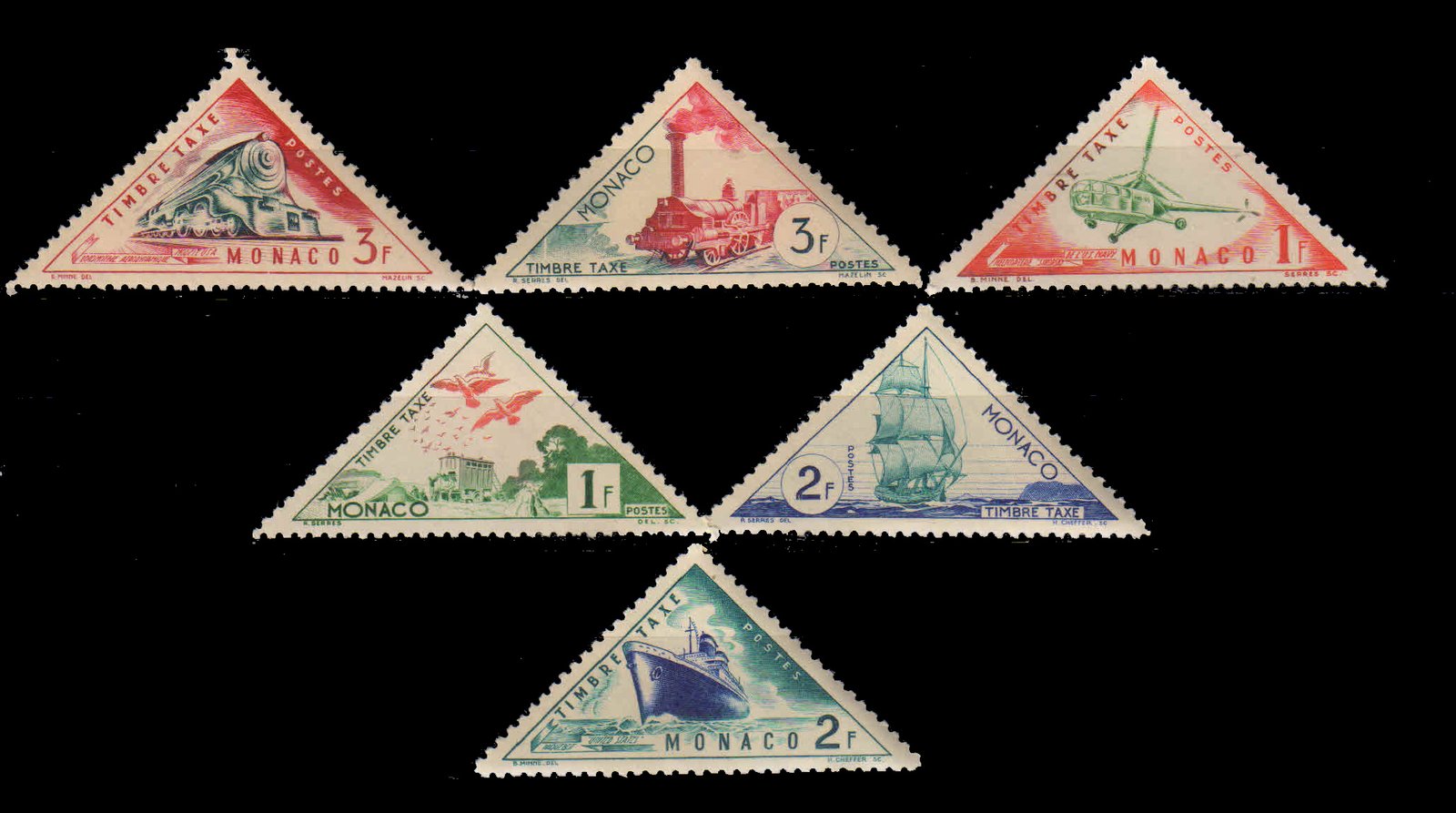 MONACO - 6 Different, Triangular Shaped on Transport Stamps, Mint