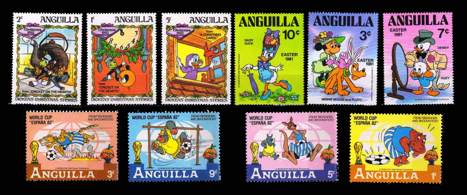 ANGUILLA - 10 Different, Large, Disney Cartoon Stamps
