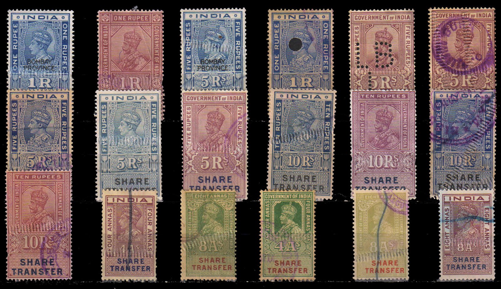 INDIA PRE INDEPENDENCE - K.G. V & K.G. VI-Share Transfer 18 Different Used Stamps-Revenue-Fiscal-Good Condition as per Scan