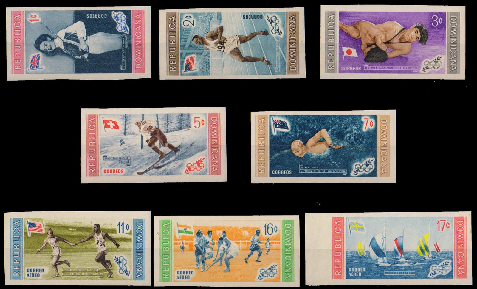 DOMINICAN REPUBLIC 1958-Olympic Games, Winning Athletes, Hockey & Indian Flags in National Colors, Imperf Set of 8, MNH, S.G. 748-756