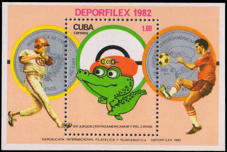 CUBA 1982-Crocodile Mascot, Deporfilex 82 Stamp & Coin Exhibition, 1 Value, Mint M/S, S.G. MS 2840-Cat £ 4.25