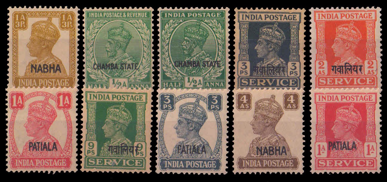 INDIAN CONVENTION STATES, Chamba, Gwalior, Nabha, Patiala, 10 Different, Mint Never Hinged Only