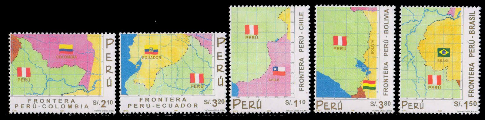 PERU 2000-National Borders of Peru on Map with Flags Chile, Brazil,  Colombia, Ecuador, Bolivia, Set of 5, MNH, S.G. 2080-84-Cat £ 26-