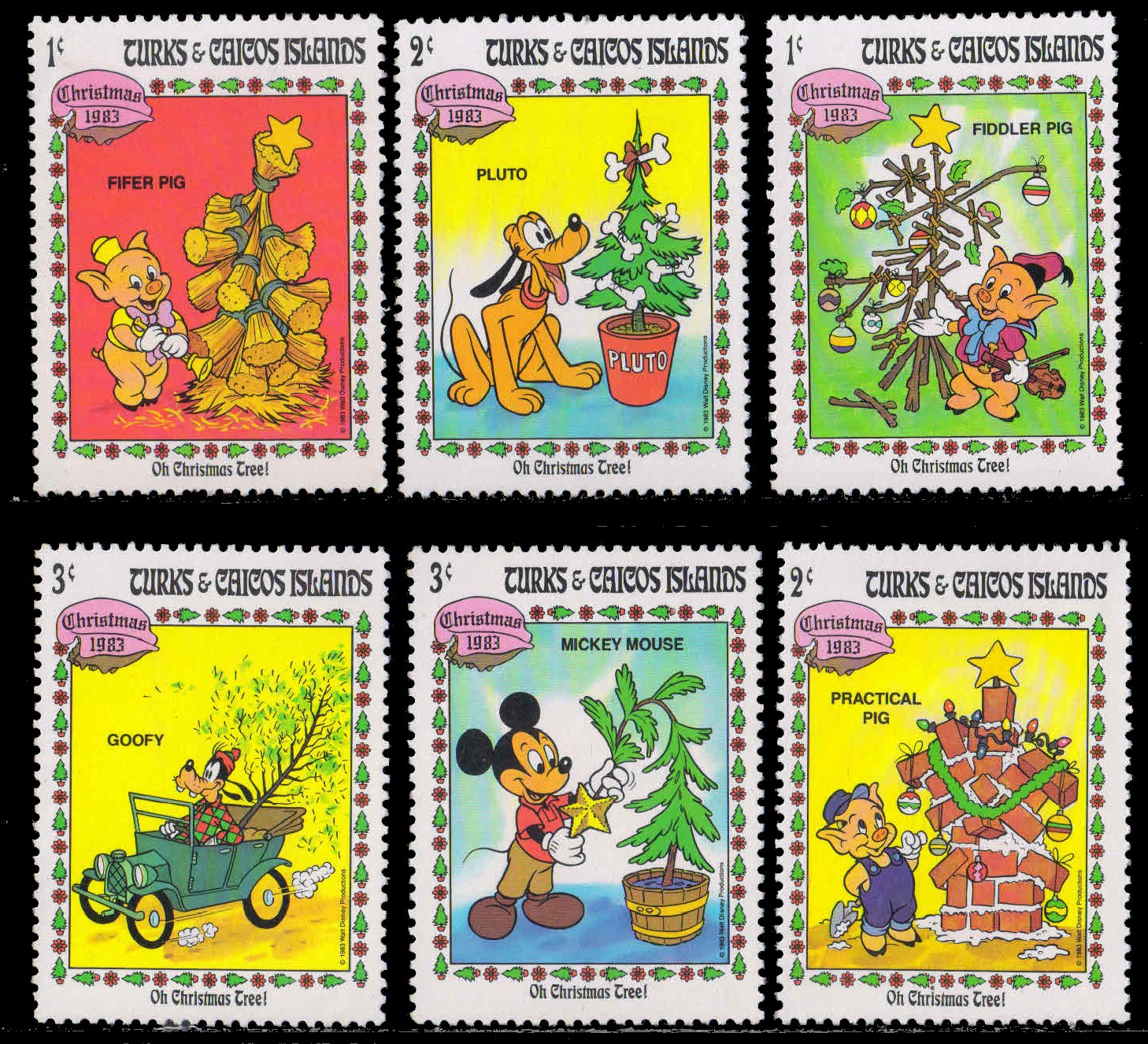 TURKS & CAICOS ISLANDS 1983-Christmas, Set of 6, Walt Disney Cartoon Characters, MNH, Genuine Postage Stamps S.G.  No. 759-764