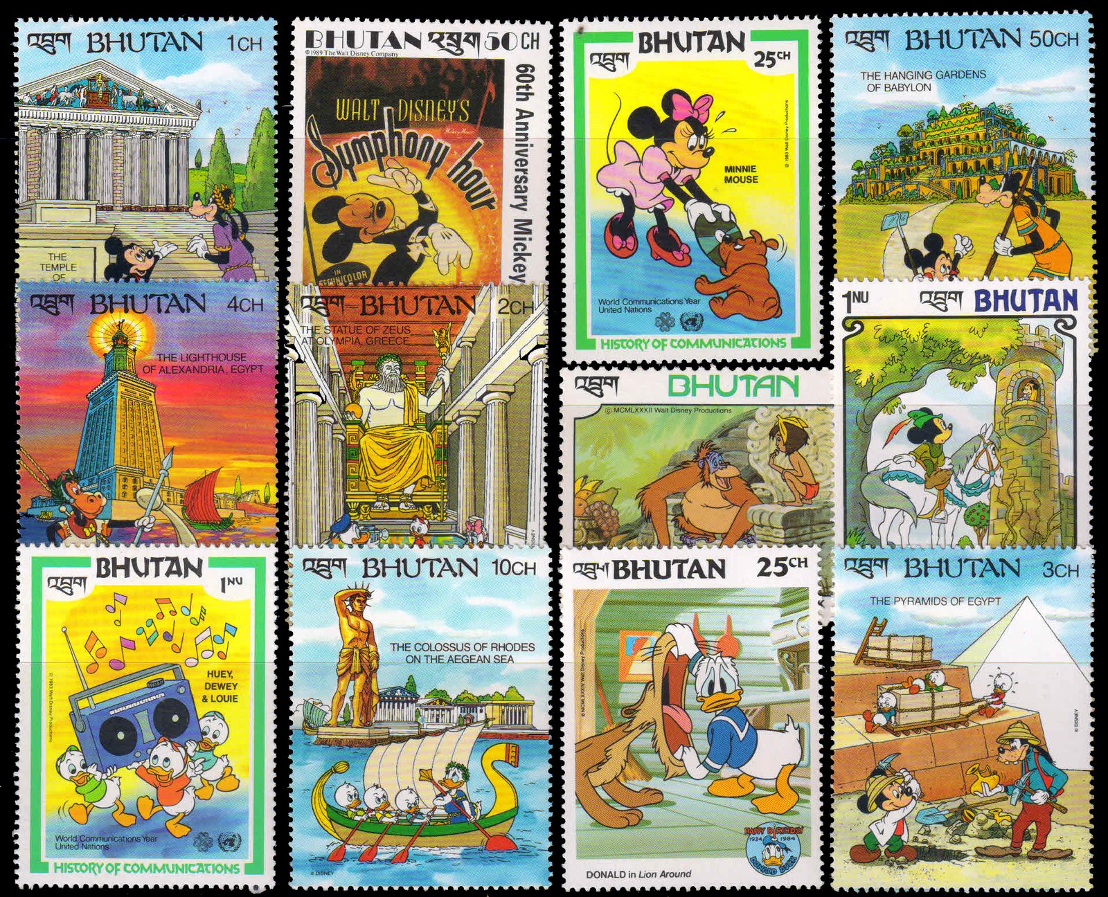 BHUTAN Walt Disney Cartoon Stamps-12 Different Large, MNH