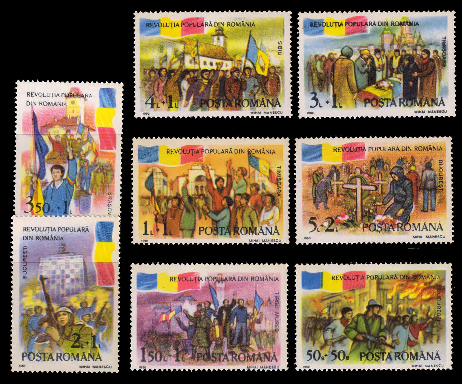 ROMANIA 1990-Popular Uprising, Soldier, Crowd with Banner, Set of 8, MNH, S.G. 5294-01-Cat £ 9-