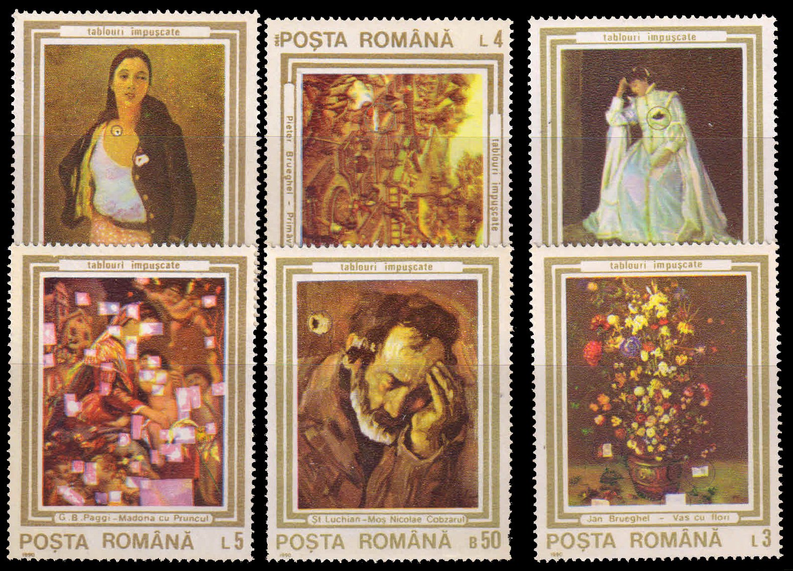 ROMANIA 1990-Paintings Damaged During the Uprising, Set of 6, MNH, S.G. 5303-08