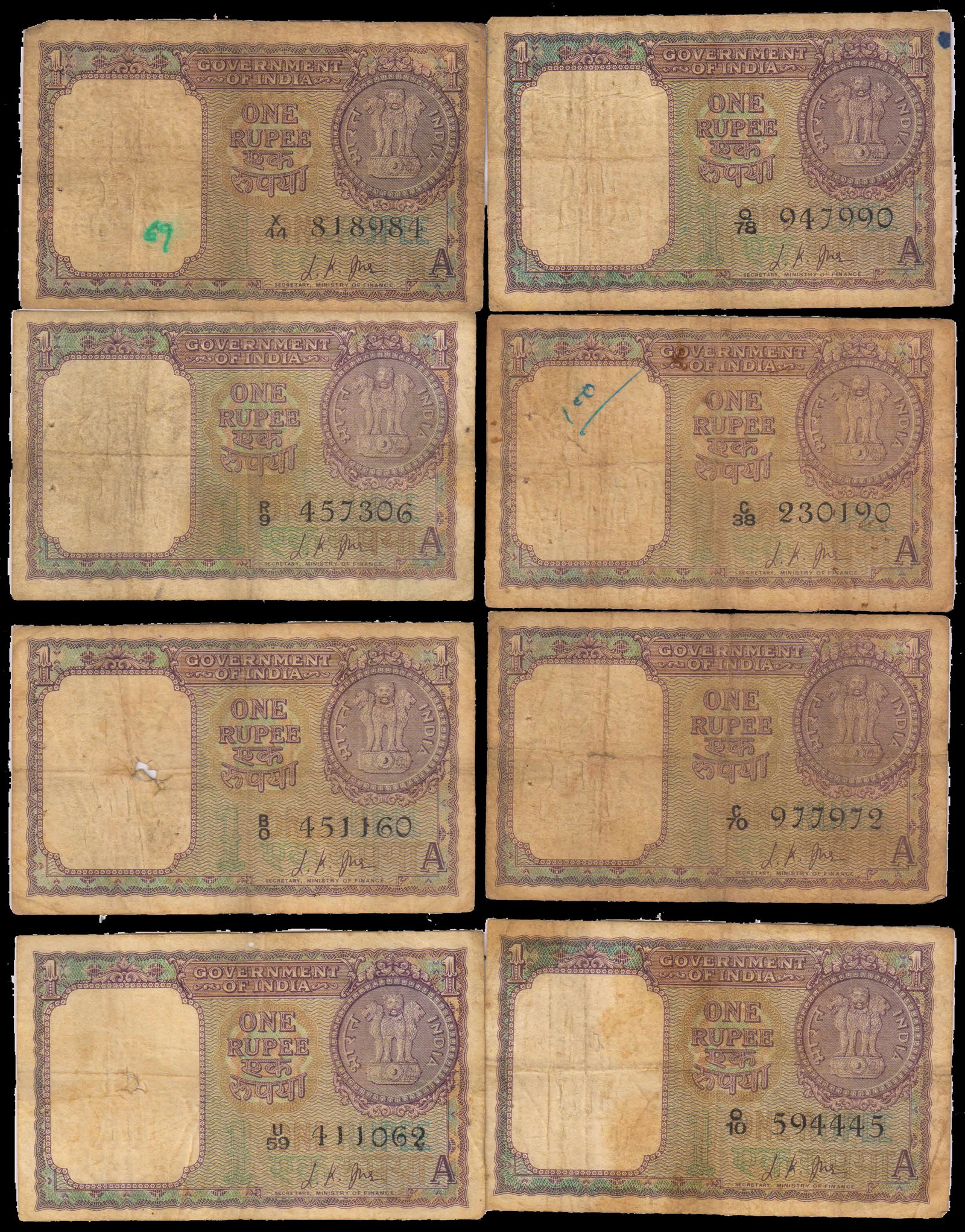 INDIA 1963-1 Re. Bank Note-Lot of 8 Pcs. as per Scan- "A" Inset