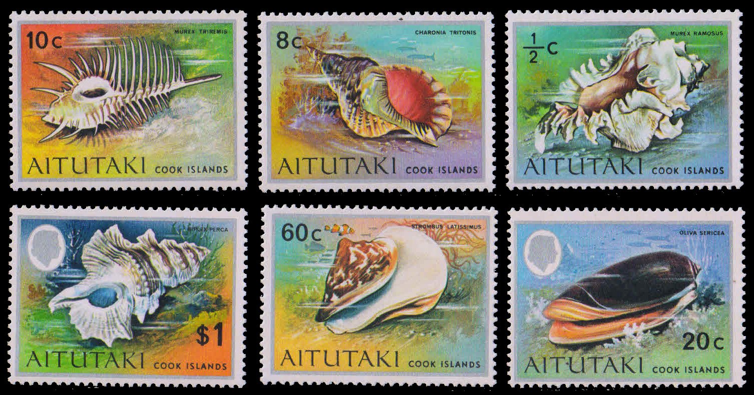 AITUTAKI 1974-Sea Shells, 6 Different Stamps, MNH, S.G. 97, 103, 104, 105, 107, 108-Cat � 11-