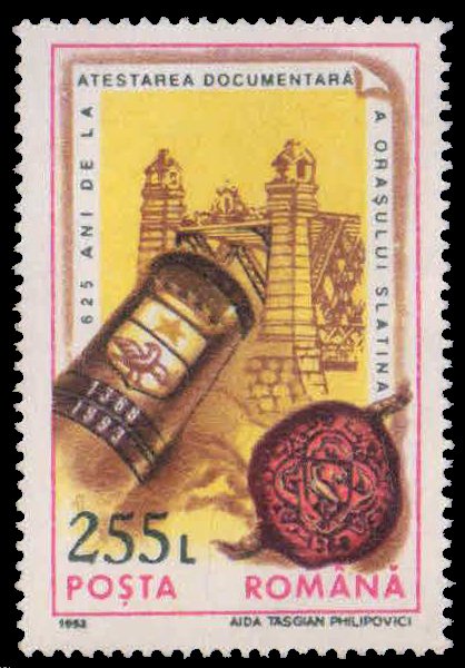 ROMANIA 1993-Bridge, Arms on Book Spine & Seal, 625th Anniv. of 1st Documentary Ref. to Saltine, 1 Value, MNH