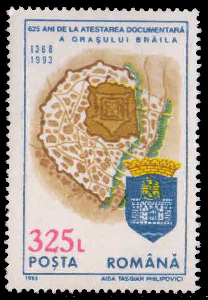 ROMANIA 1993-Map & Town Arms, 625th Anniv. of 1st Documentary Reference to Braila, 1 Value, MNH, S.G. 5572