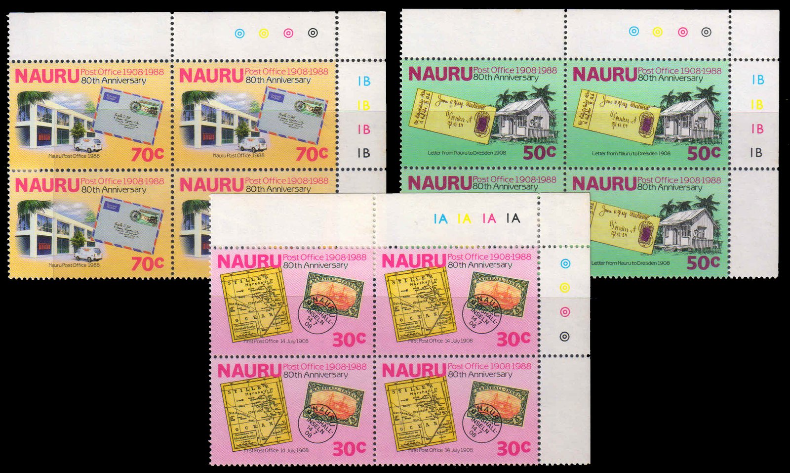 NAURU 1988-Nauru Post Office, Airmail Letters & Stamp on Stamp-Set of 3 Corner Blocks, 2nd Position, MNH, S.G. 362-364