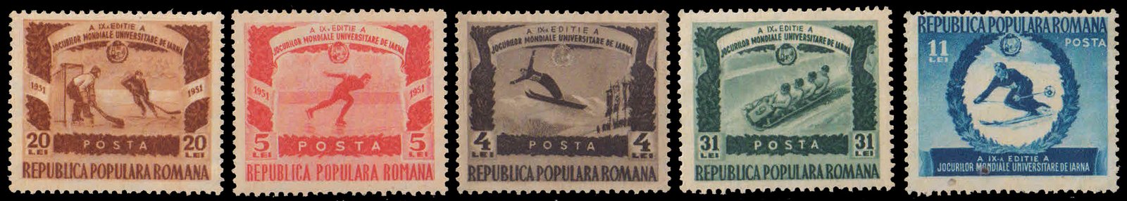 ROMANIA 1951-Winter Sports, Ski-Jumper, Ice Hockey, Skater, Set of 5, MNH, S.G. 2095-99