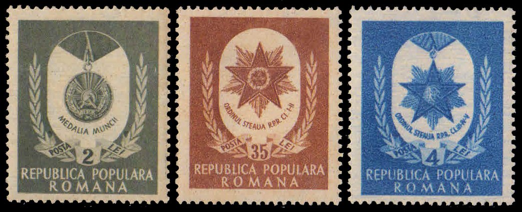 ROMANIA 1951-Orders & Medal, Set of 3, MNH, S.G. 2102-03, 2105