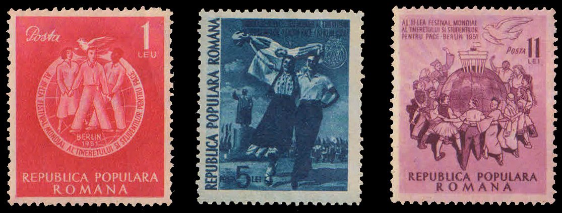 ROMANIA 1951-3rd World Youth Festival, Students, Boy, Flag, Globe, Set of 3, MNH, S.G. 2117-19-Cat £ 6-