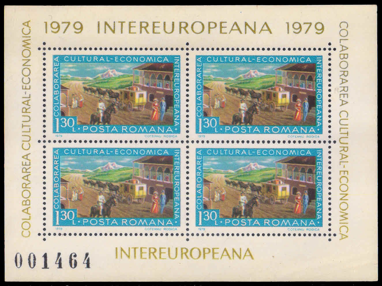 ROMANIA 1979-Street with Mail Coach & Post Rider, Inter-European Cultural & Economic Co-operation, Block of 4, MNH, S.G. 4450
