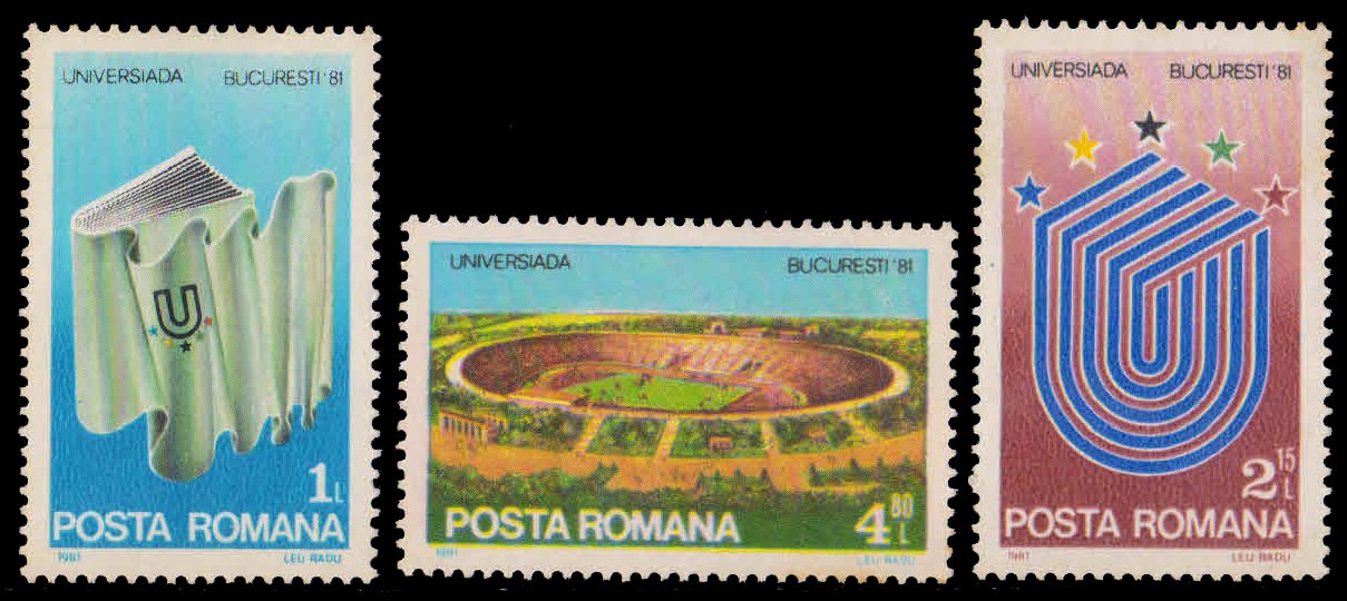 ROMANIA 1981-Universiada Games, Book, Flag, Stadium, Games Emblem, Set of 3, MNH, S.G. 4649-51