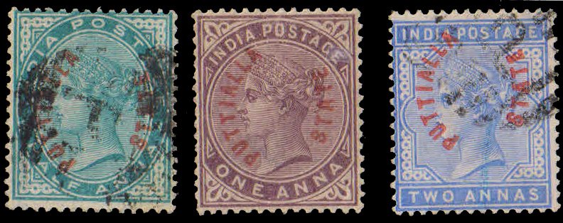 PATIALA STATE 1884-Queen Victoria Stamps of India Overprint PUTTIALLA STATE, in Red, 3 Different as per Scan, S.G. 1-3, Cat £ 116