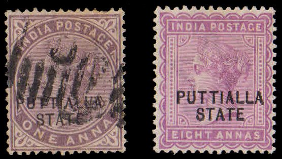 PATIALA STATE 1885-Queen Victoria 1 & 8 As, Ovpt. PUTTIALLA in Block, As per Scan, S.G. 11-12-Cat £ 66-