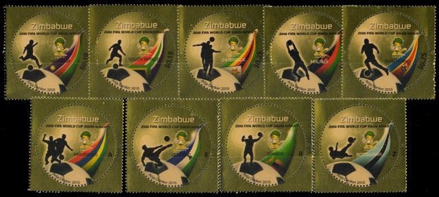 ZIMBABWE 2010-Round Gold Foil Football Stamps, Complete Set of 9 Stamps, S.G. 1299-1307