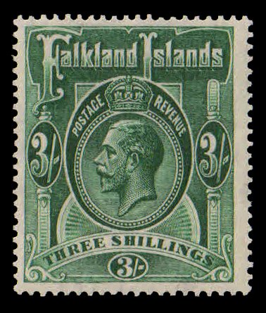 FALKLAND ISLANDS 1912-King George V, 3 Shilling Green, 1 Value, Mint Hinged, S.G. 66-Cat £ 95-