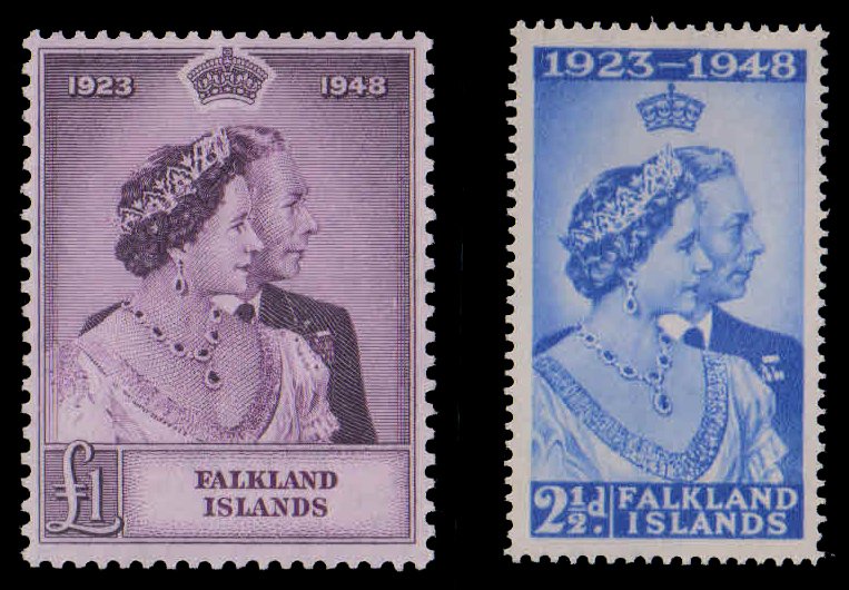 FALKLAND ISLANDS 1948-Silver Wedding, King George VI & Queen Elizabeth, Set of 2, Mint Hinged, White Gum, S.G. 166-167-Cat � 92
