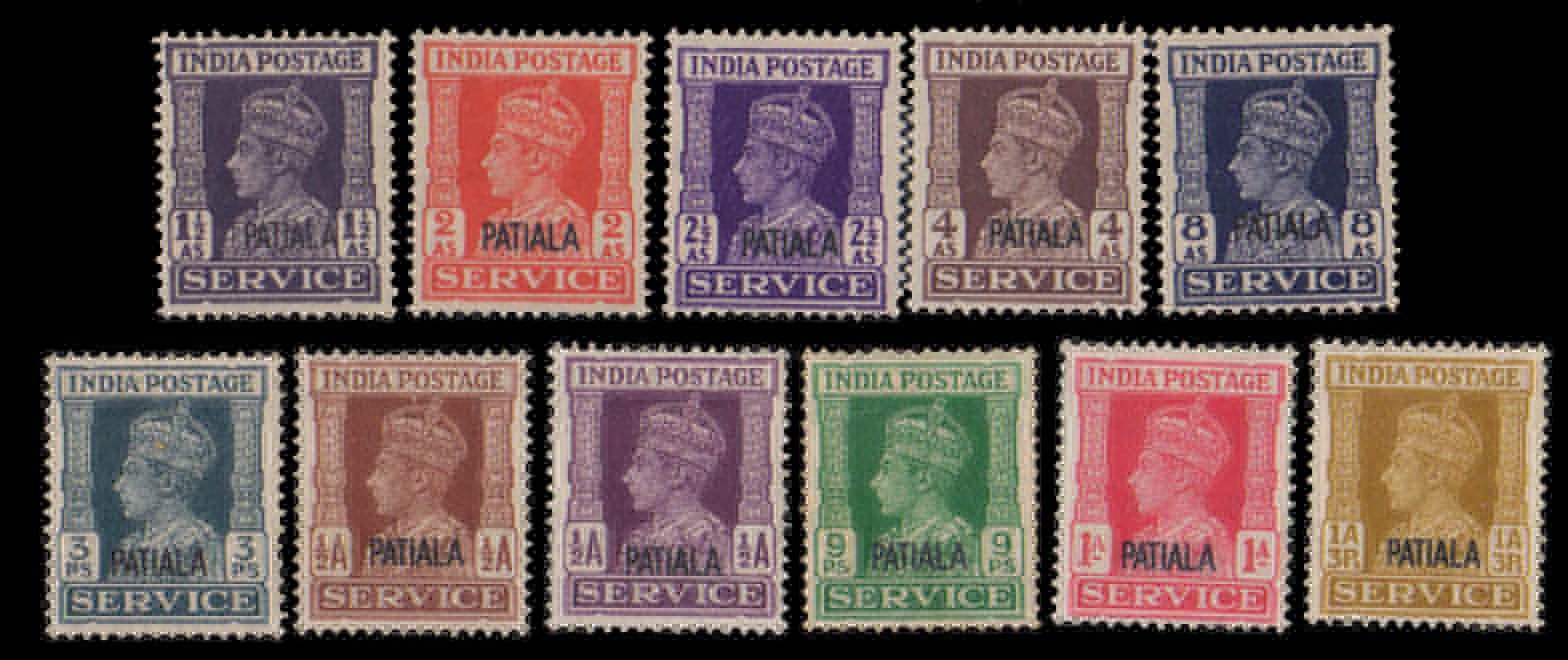 PATIALA STATE 1939-King George VI, Official Stamps-Overprint-Complete Set of 11, Mint Hinged, S.G. 071-081-Cat £ 30-