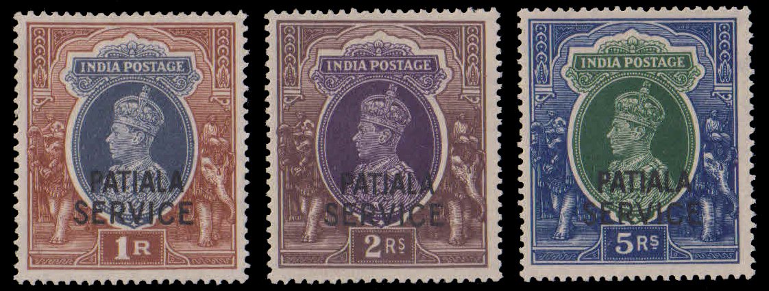 PATIALA STATE 1943-44-Stamps of India, King George VI, 1, 2, 5 Rs, Set of 3, Mint Never Hinged, S.G. 082-084-Cat £ 50-