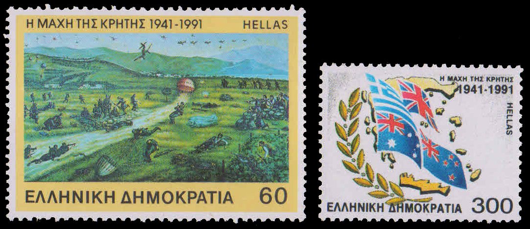 GREECE 1991-Battle for Crete, Battle Scene, Map & Flags of Allied Nations, Set of 2, MNH, S.G. 1876-77-Cat £ 7.25