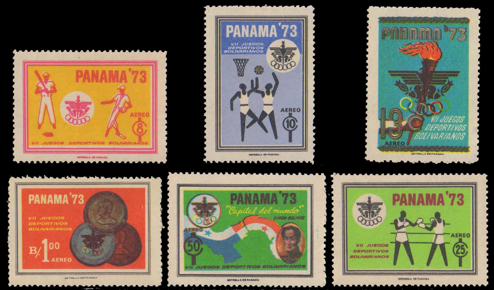 PANAMA 1973-7th Bolivar Games, Baseball, Sports, Basketball, Flaming Torch, Boxing, Panama Map & Flag, Medals, Set of 6, MNH, S.G. 1031-36