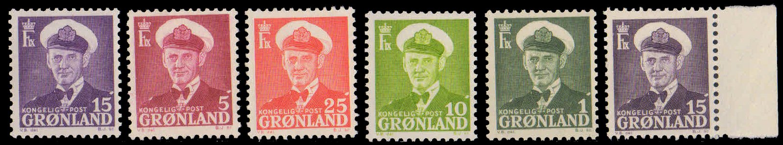 GREENLAND 1950-King Frederik IX, Set of 6 with both shade of 15 Ore, MNH, S.G. 26-30-Cat £ 6-