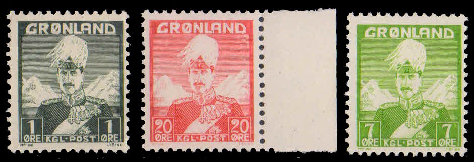 GREENLAND 1938-First Issues of Greenland, Christian X, Set of 3, MNH, S.G. 1,3, 5a