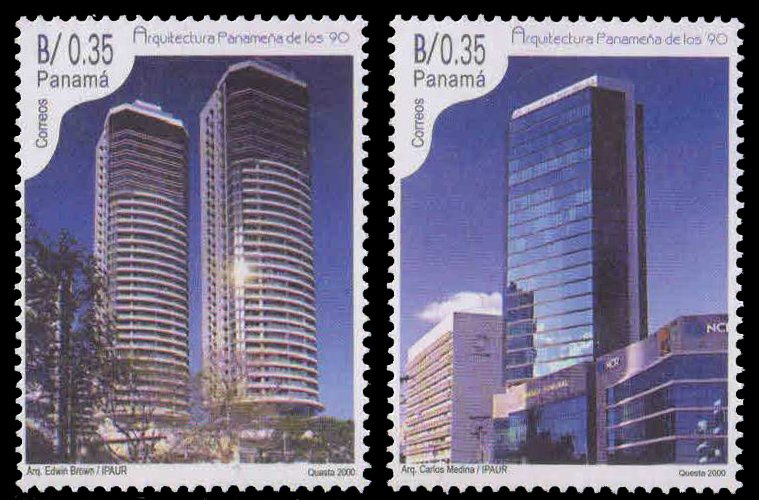 PANAMA 2001-Architecture of 1990, Banco General Tower, Los Delfines condominium, Set of 2, MNH, S.G. 1650-51