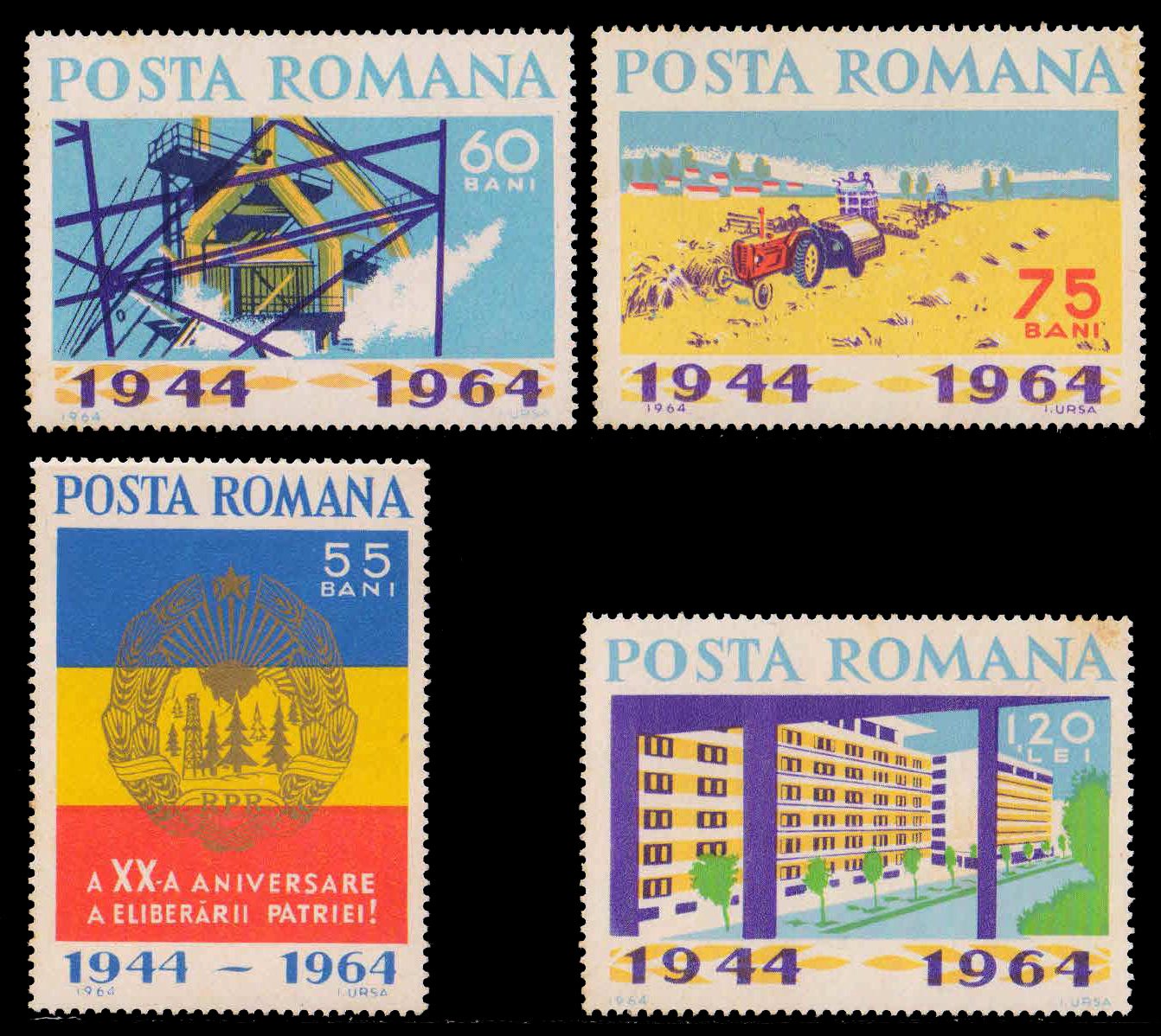 ROMANIA 1964-20th Anniv. of Liberation, Arms, Flag, Buildings, Industry, Harvest, Complete set of 4, MNH, S.G. 3171-74