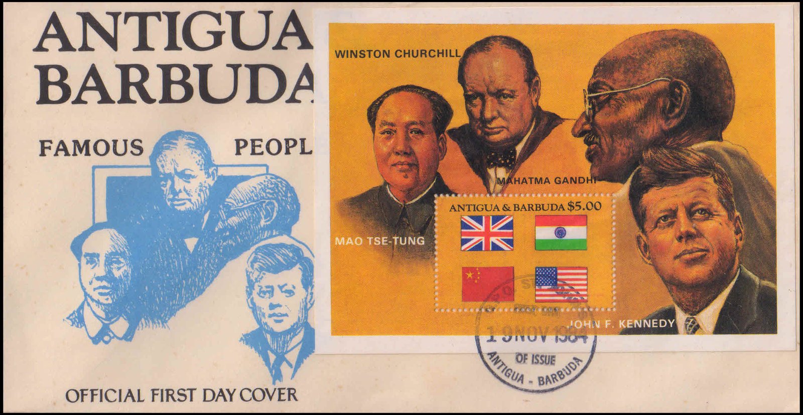 ANTIGUA & BARBUDA 1984-Mahatma Gandhi & Famous People, Miniature Sheet on F.D.C