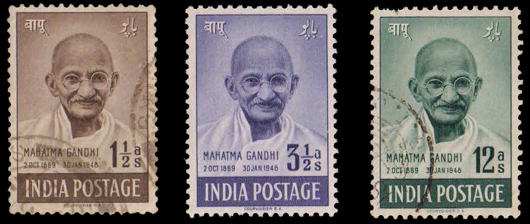 INDIA 1948 - Mahatma Gandhi, Set of 3, Used Stamps, S.G. 305-307, Cat £ 17