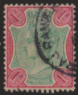 INDIA 1892-1 Re. Queen Victoria, Green & Aniline Carmine-Used, S.G. 106