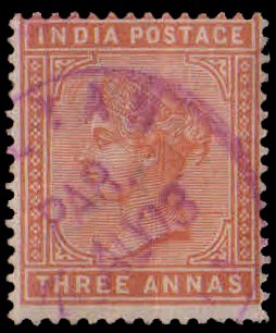 INDIA 1890-Queen Victoria, 3 Anna Brown Orange, Used, 1 Value, S.G. 94-Cat � 2.75