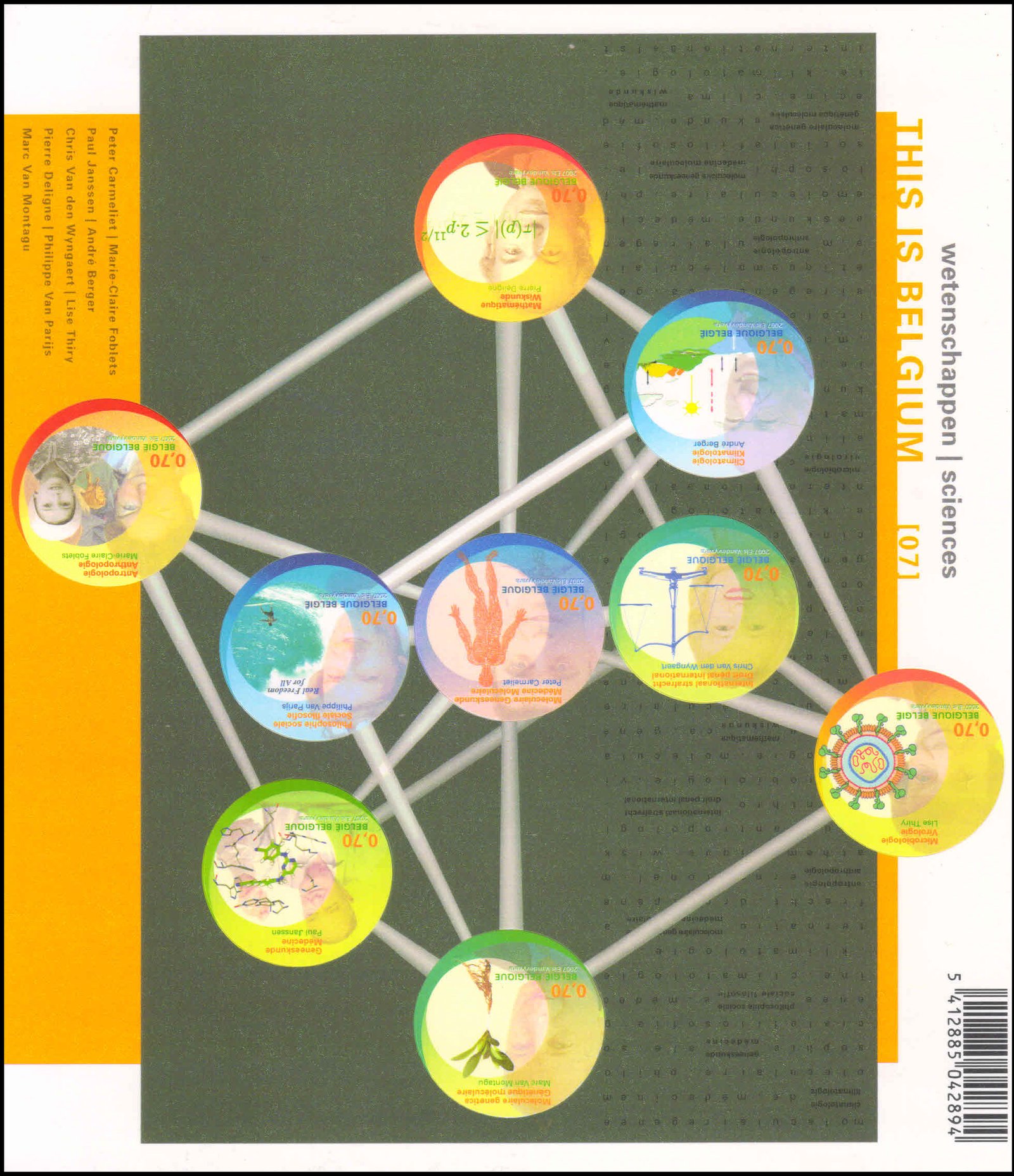 BELGIUM 2007-Science-Circular Designs-Medicine-Microbiology, Anthropology-Mathematics, Miniature Sheet of 10 Stamps, Self Adhesive, S.G. MS 4136-Cat � 29-