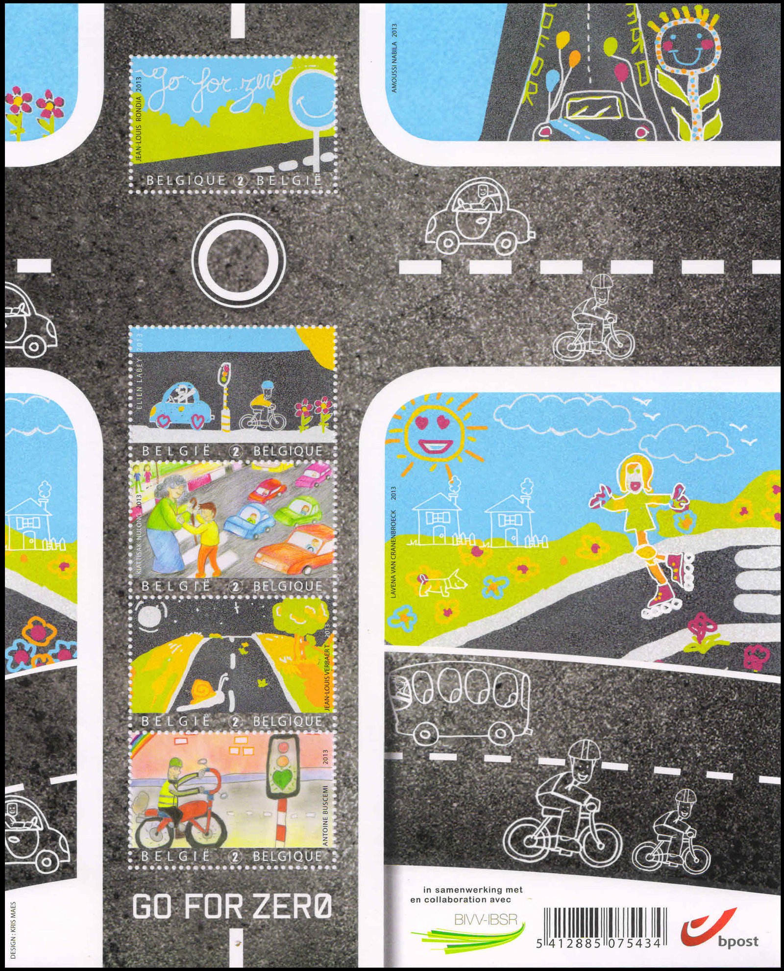 BELGIUM 2013-Road Safety, Belgium Institute for Road Safety Go for Zero Campaign, Children Drawing, Miniature of 5 Stamps, MNH, S.G. MS 4497-Cat � 42-