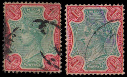 INDIA 1892- QUEEN VICTORIA, 1 Re. Used-2 Different Colour Variety, Green Rose, Green & Aniline Carmine, Cat £ 16-S.G. 105-106