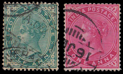 INDIA 1882- Queen Victoria ½ Anna & 1 Anna, 2 Different, Used STAMPS