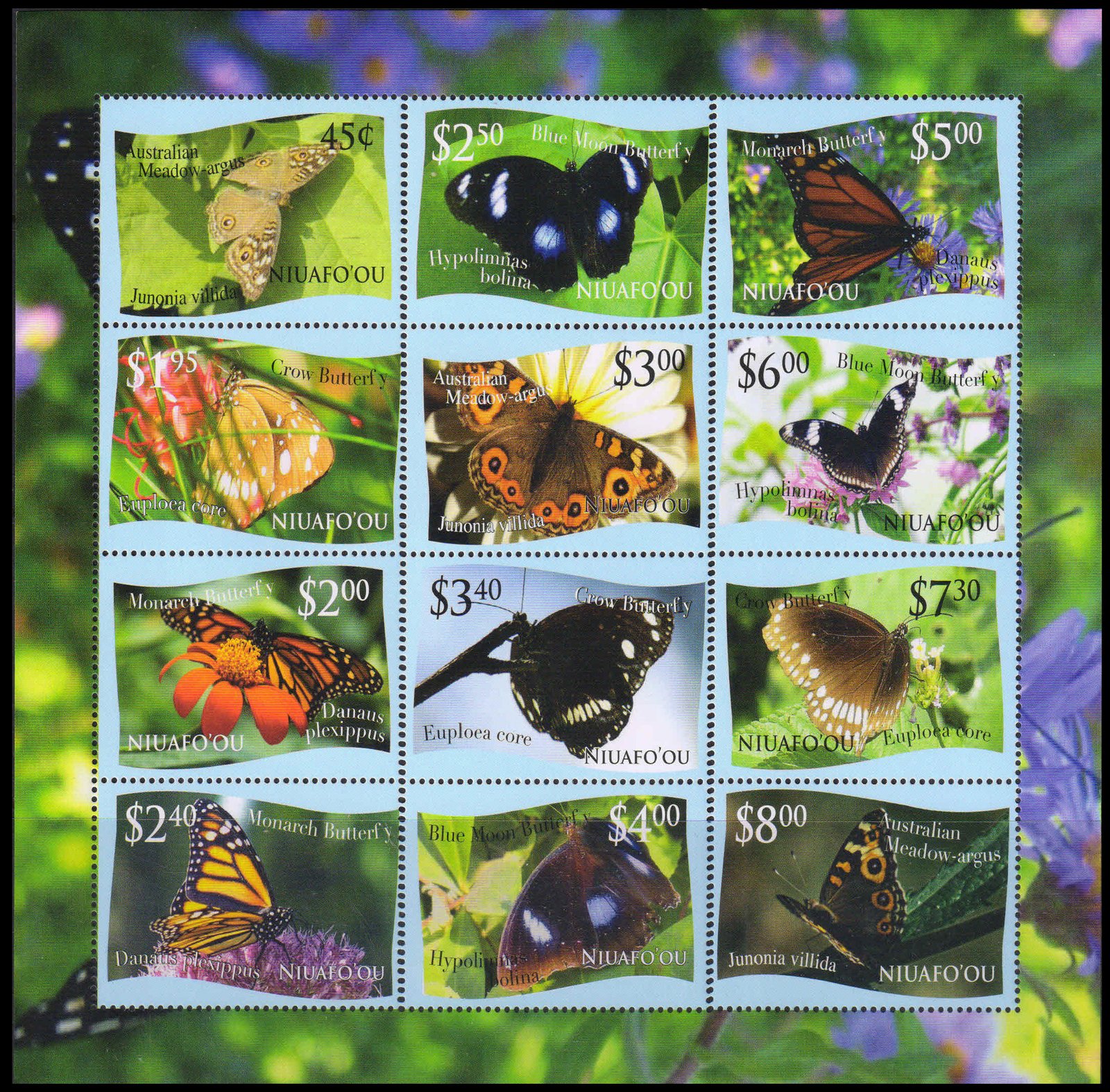 Niuafo'qu 2012-Butterflies-Flora & Fauna-Sheet of 12 Stamps, MNH, S.G. MS 364-Cat £ 45-