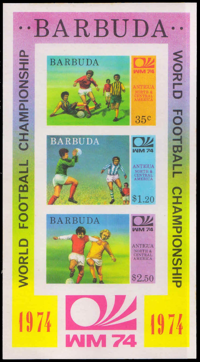 BARBUDA 1974, World Cup Football Championship, Footballers, M/ S of 3 Imperf Stamps, MNH, S.G.MS 171