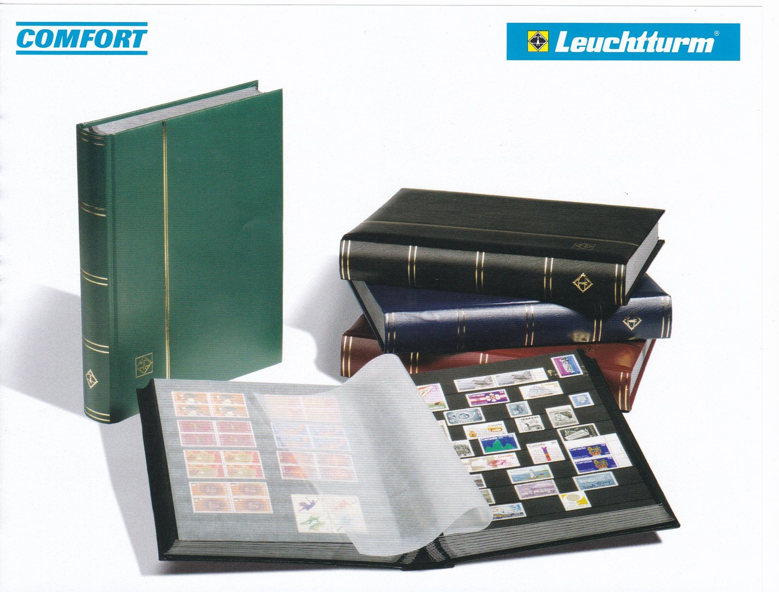 LIGHTHOUSE COMFORT Stockbook, 64 Pages (32 Sheets), A4, Padded Leatherette Cover, Black pages, Clear strips and Glassine Interleaves, Cover Colors- Red/Green/Black/Blue | LIGHTHOUSE STAMP ALBUM